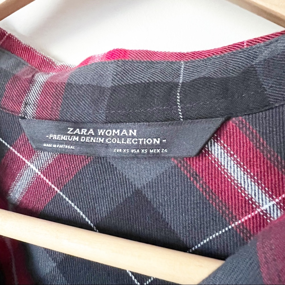 Zara Woman Premium Tartan Plaid Studded Pocket Fray Hem Shirt Dress Red Black XS - Picture 7 of 13